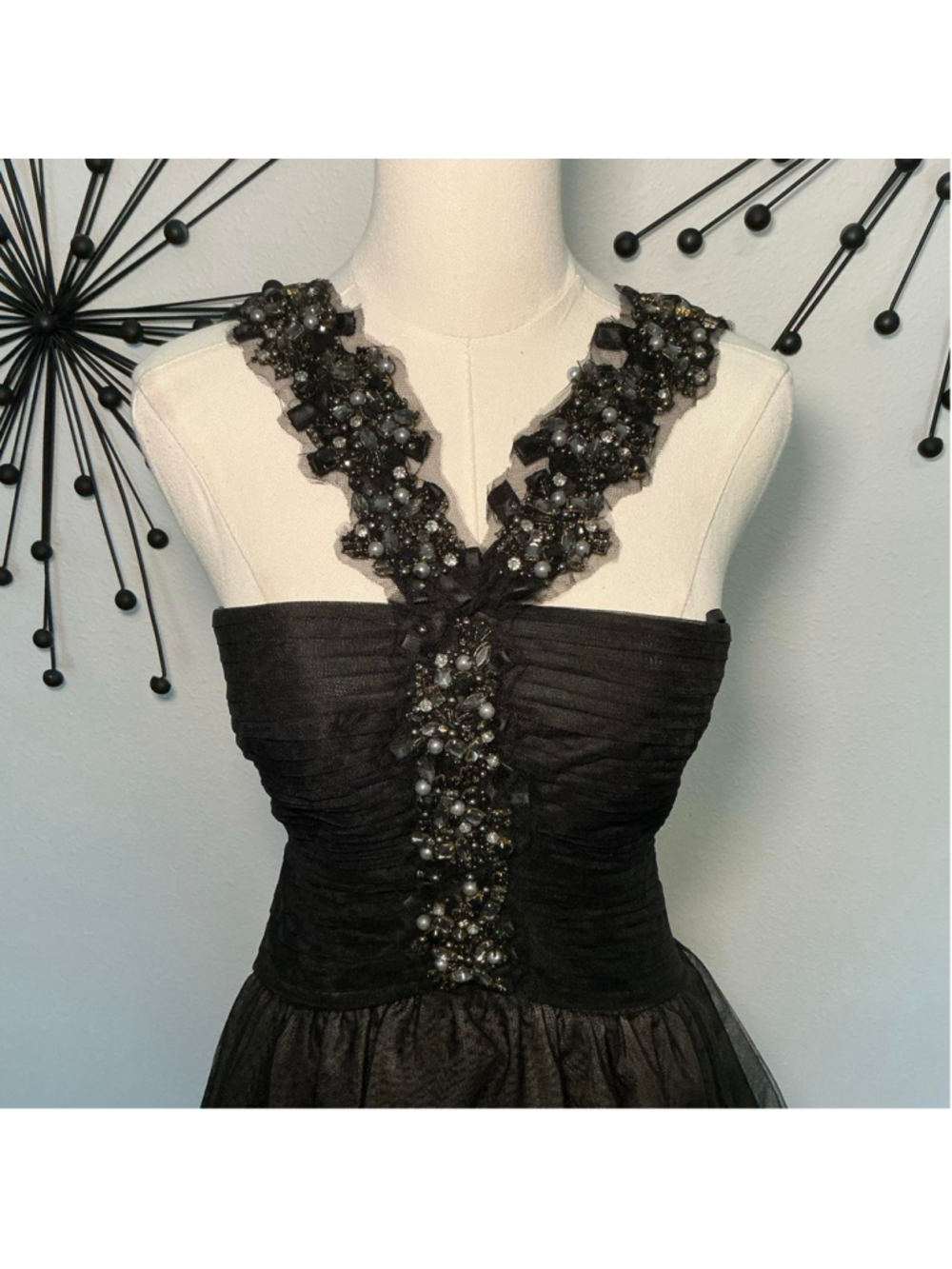 BCBG Max Azria Black Beaded Formal Gown Layered Tulle Maxi Dress Goth Glam - Picture 2 of 6
